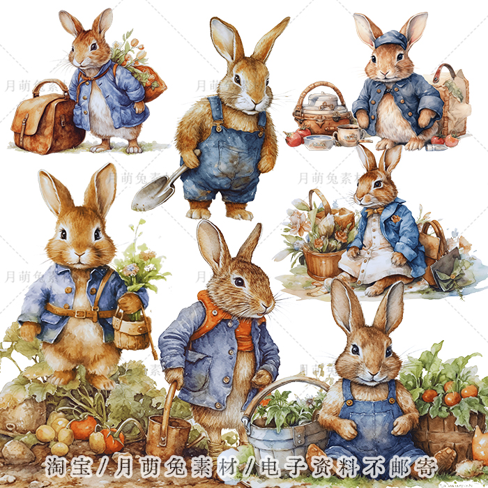 水彩儿童绘本风田园彼得兔子插画海报装饰剪贴画手账png设计素材