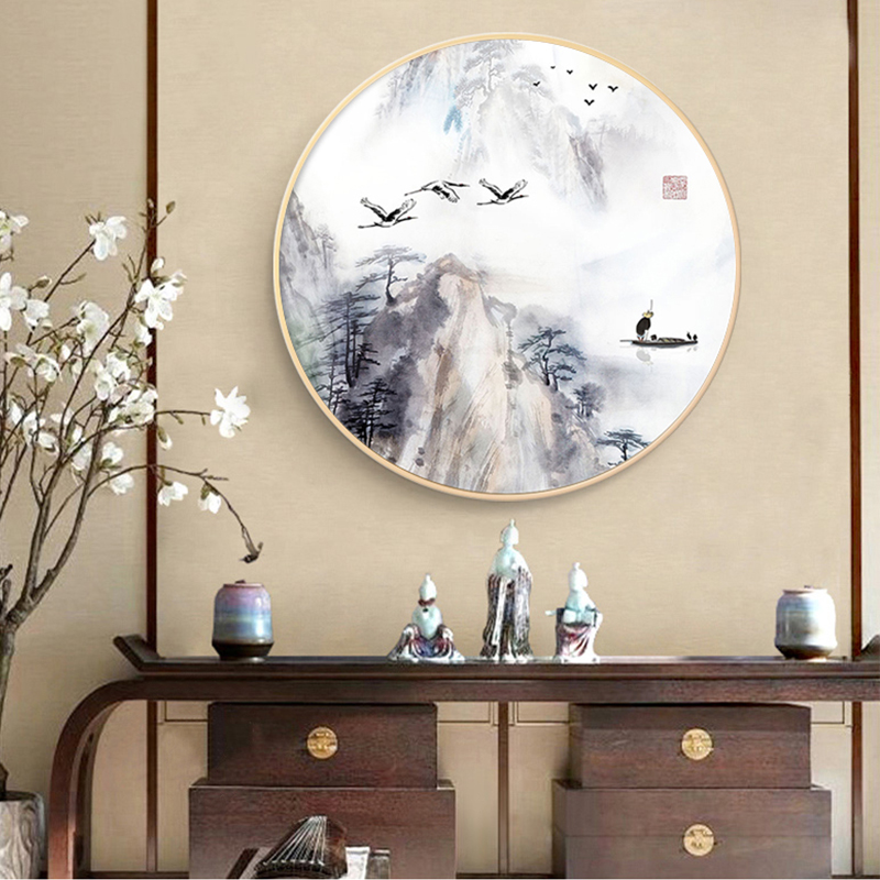 新中式意境唯美云雾客厅沙发背景墙卧室简约风景挂壁圆形框装饰画