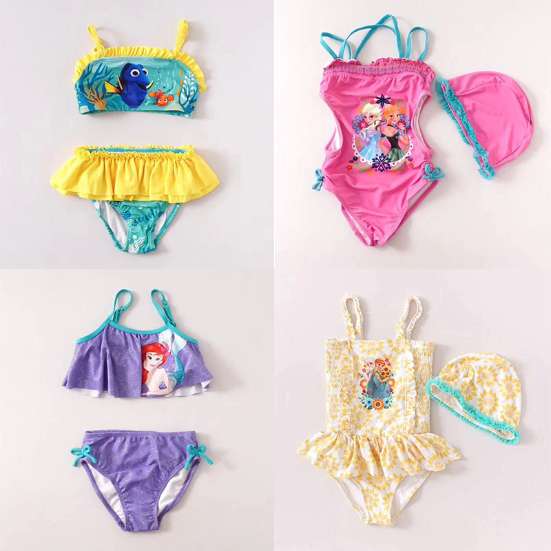 夏季迪儿童花边泳装 宝宝卡通动漫公主人物泳衣可爱游泳装2件套