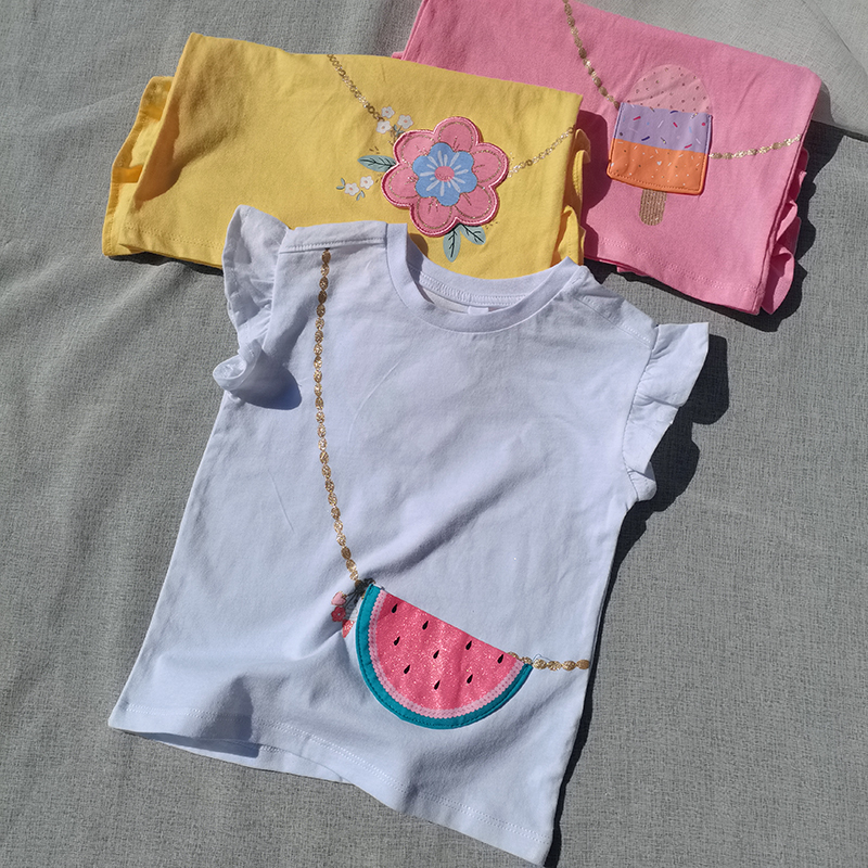 可爱~3件包邮1-9岁澳单女童全棉飞袖T恤夏天西瓜棒冰小花背包上衣