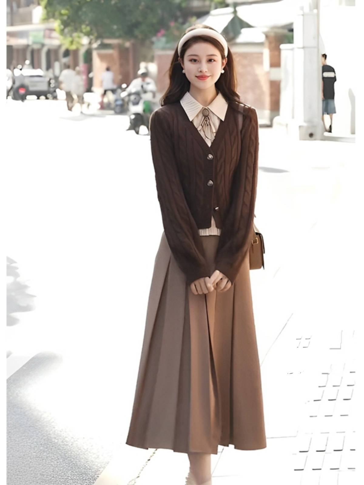 秋冬季女装茶系穿搭一整套韩剧学院风富家千金感气质两件套装裙子