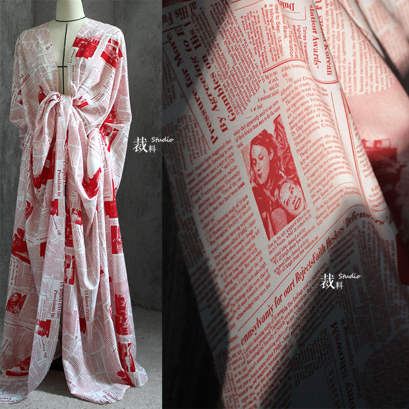 红色报纸 创意字母印花春夏棉布高档衬衣布料街头服装设计师面料