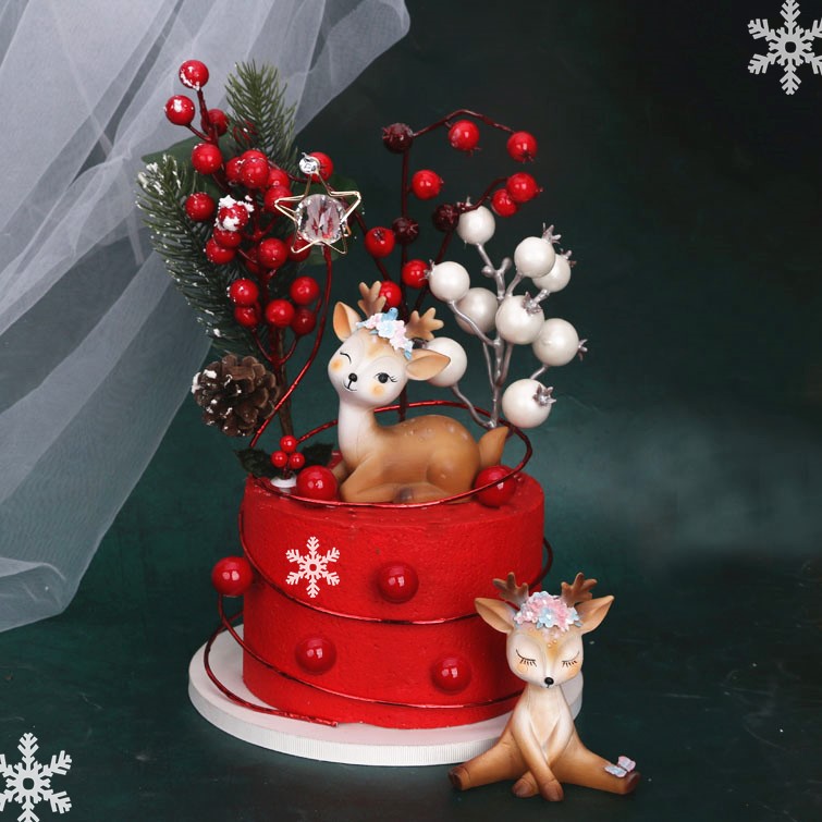 圣诞节烘焙蛋糕装饰 圣诞森系红浆果环摆件插件 圣诞麋鹿宝宝圣诞
