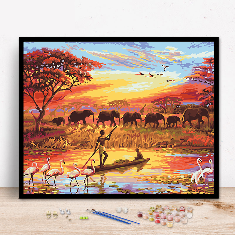 diy数字油画大幅客厅人物风景简单手绘创意装饰画挂画 渔夫与象群