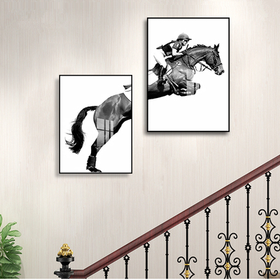 客厅骑马装饰画楼道楼梯间现代简约卧室黑白创意艺术马的大气挂画