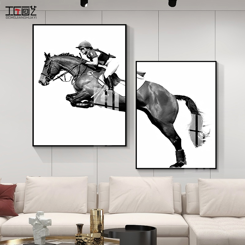 客厅沙发骑马装饰画楼道楼梯间现代简约卧室书房黑白艺术马的挂画
