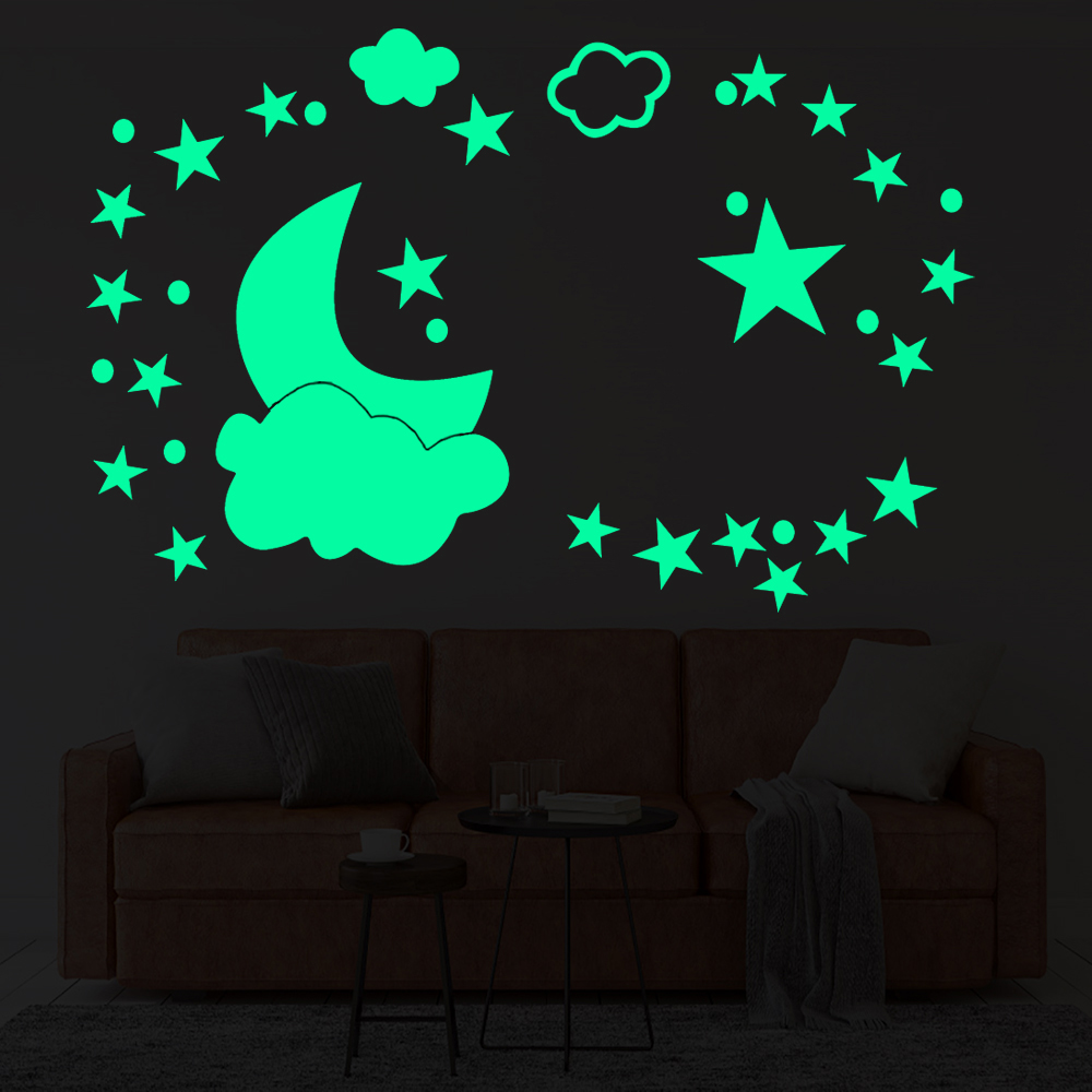 月亮云朵夜光星星墙贴儿童房墙面装饰卡通发光贴画客厅卧室荧光贴