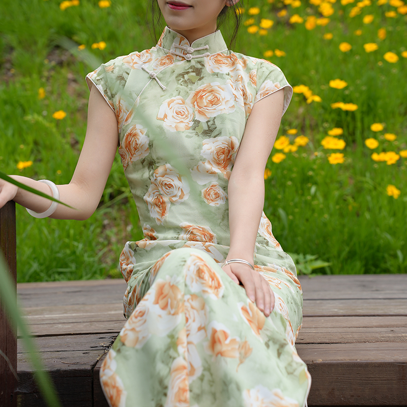 印花显瘦长裙少女立领旗袍气质复古修身日常适合夏天穿的轻薄裙子