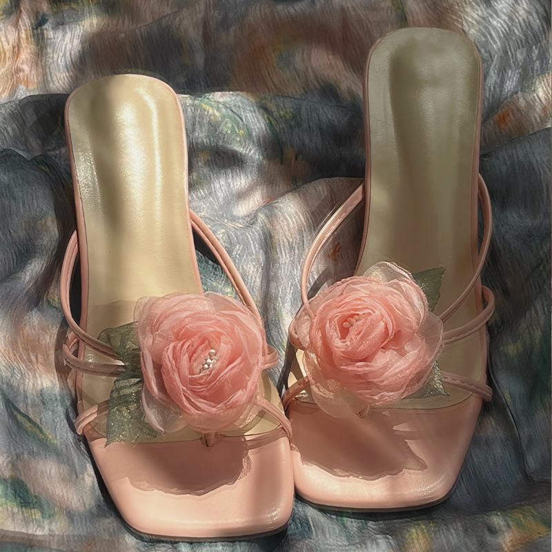 king的鞋新中式旗袍高跟鞋复古气质粉色玫瑰花拖鞋女外穿夏天新款