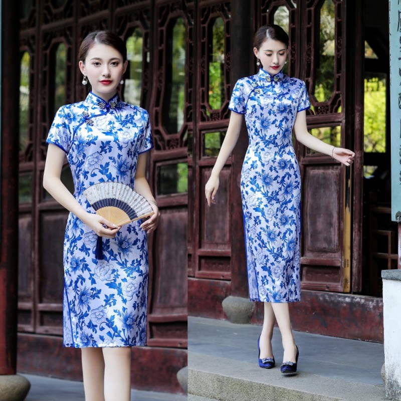 旗袍夏季2021年新款女中国风复古日常改良青花瓷连衣裙短优雅旗袍