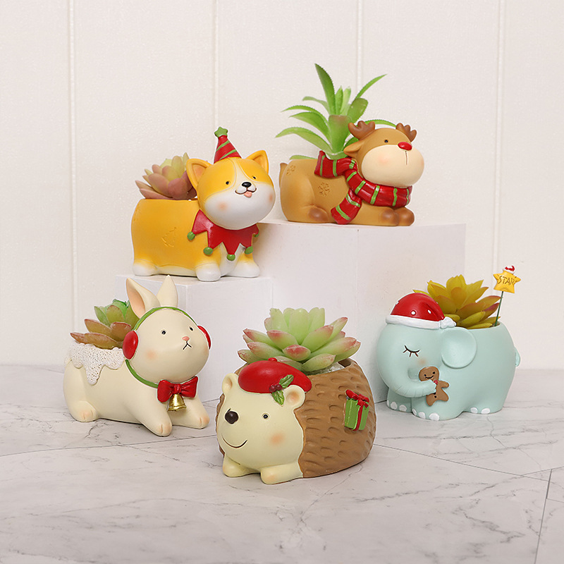 圣诞节多肉花盆创意可爱萌宠小猫小兔小狗阳台布置装饰盆绿植盆器