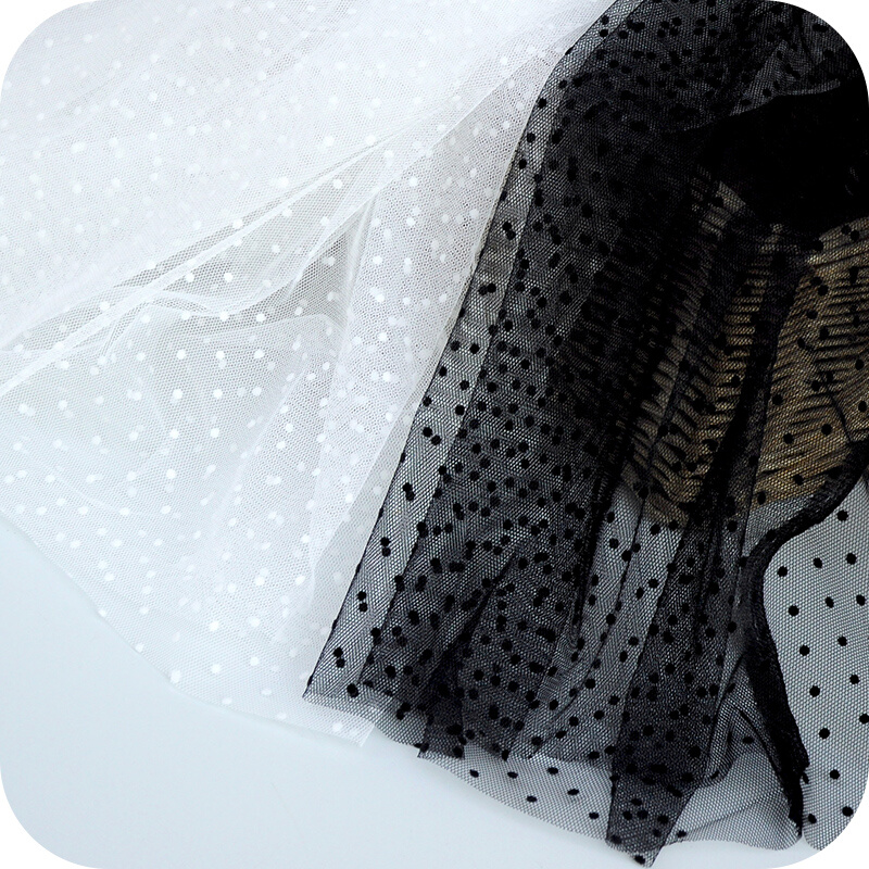 黑白色植绒波点蕾丝布料面料辅料网纱裙子裙摆窗帘婚庆布艺材料