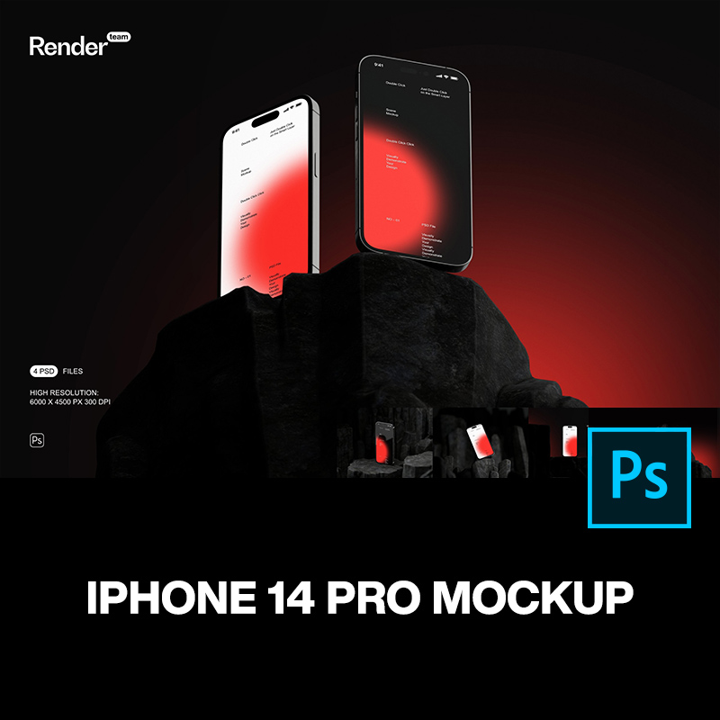 iPhone14手机App应用ui设计作品贴图ps样机素材岩石展示台效果图