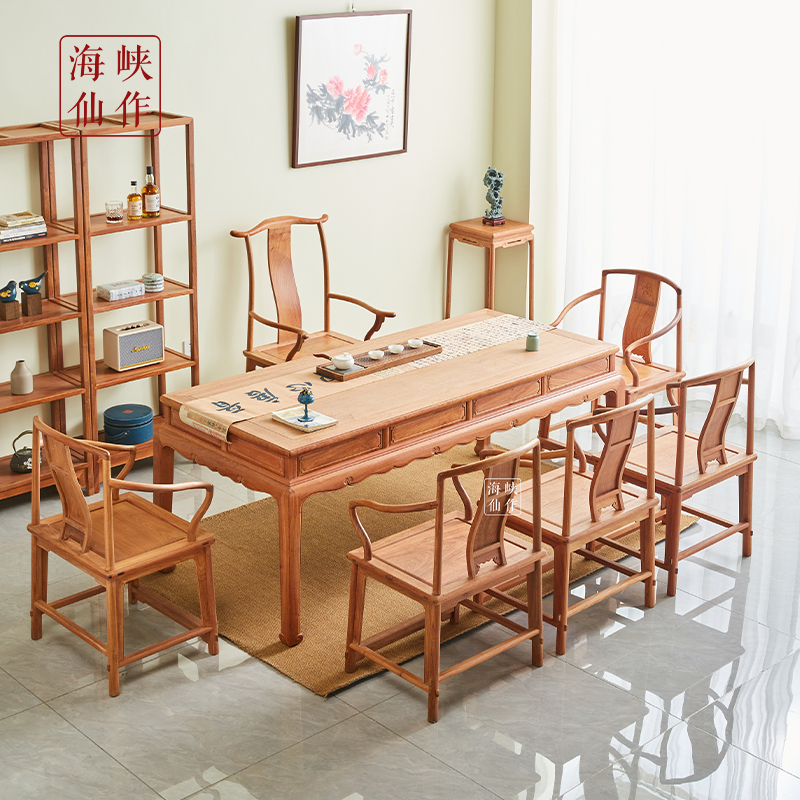 明式家具缅甸花梨木明韵罗锅枨茶桌椅组合干泡大茶台茶几桌大板桌