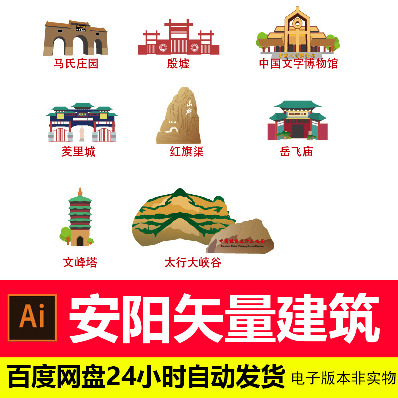 河南安阳印象城市地标剪影建筑标志安阳旅游景点背景AI矢量素材