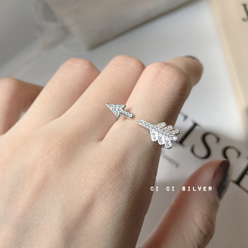 明星同款S925纯银爱神丘比特之箭镶钻开口戒指环女日韩版时尚个性