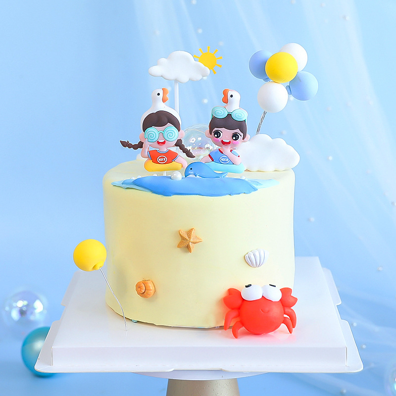 六一儿童节夏日男孩女孩软胶插件天鹅帽子游泳圈小朋友蛋糕装饰