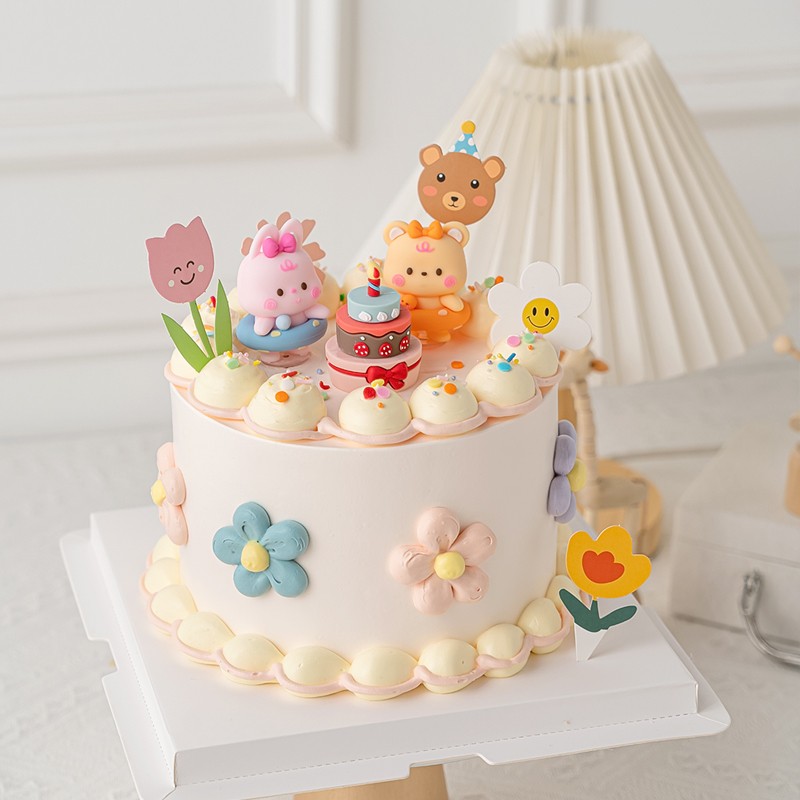 游泳圈小熊小兔软胶摆件小朋友生日快乐蛋糕装饰卡通可爱动物插件