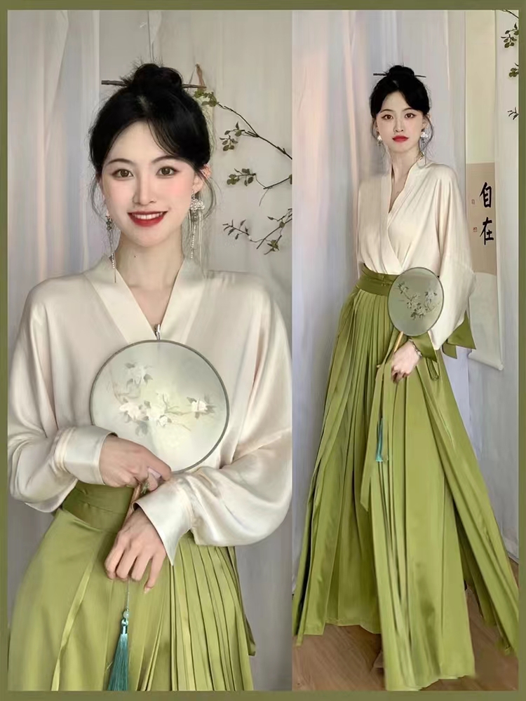 改良汉服女成人中国风日常现代装清雅绿色仙气长干寺百迭裙套装秋