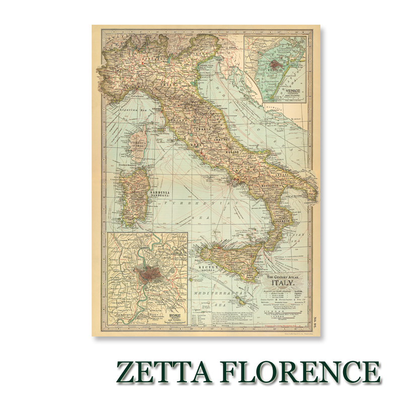意大利半岛老地图，整体纸张泛黄做旧，采用艺术纸四色胶印不退色