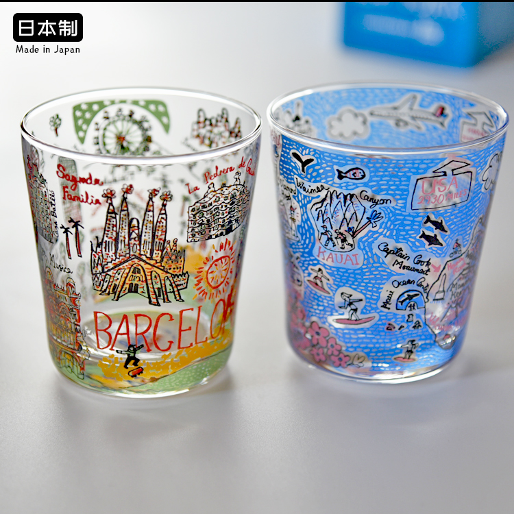 日本进口井泽IZAWA玻璃杯水杯啤酒果汁杯早餐杯插画可爱日式茶杯