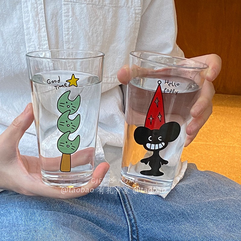 韩国卡通插画猫咪小狗玻璃水杯可爱复古大容量果汁冷饮啤酒杯情侣