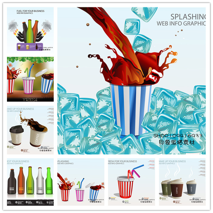 A0085矢量AI设计素材 卡通饮料信息图海报插画啤酒可乐冰块咖啡