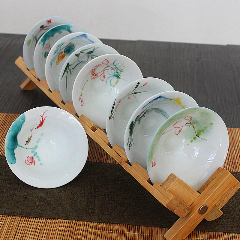 手绘白瓷茶杯套装9个釉下彩斗笠杯 陶瓷功夫茶具品茗杯子手工绘画