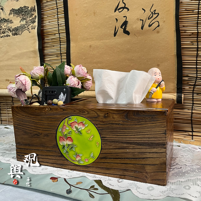 福寿绵长-原创新中式老榆木实木多宝盒收纳纸巾盒多功能浮雕瓷板