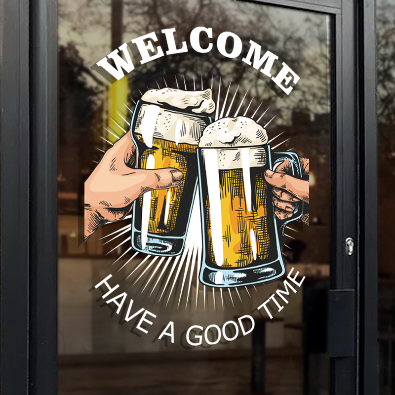 酒吧玻璃门贴纸啤酒广告贴画静电膜酒馆推拉门营业时间橱窗装饰