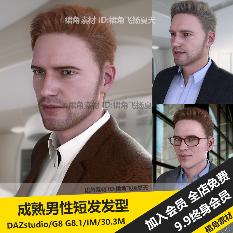 DAZ3D Studio 精品真实帅气中年男性成熟短发头发发型 3d模型素材