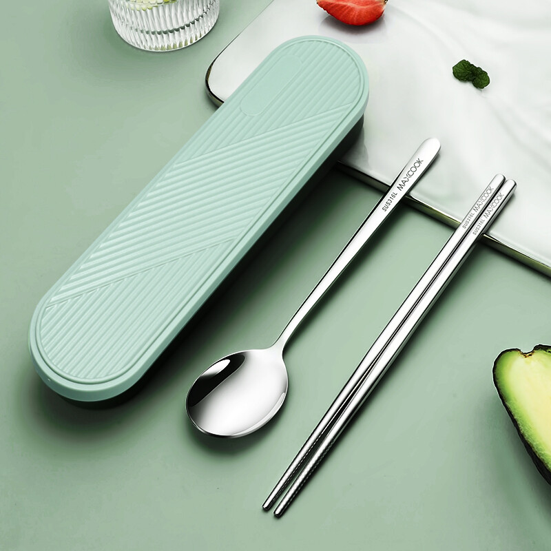 美厨maxcook316L不锈钢筷子勺子餐具套装 创意便携式筷勺三件套