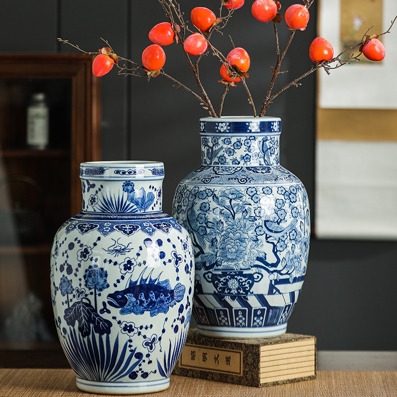 中式复古青花大花器喜上眉梢双喜纹陶瓷花瓶客厅玄关餐桌插花摆件
