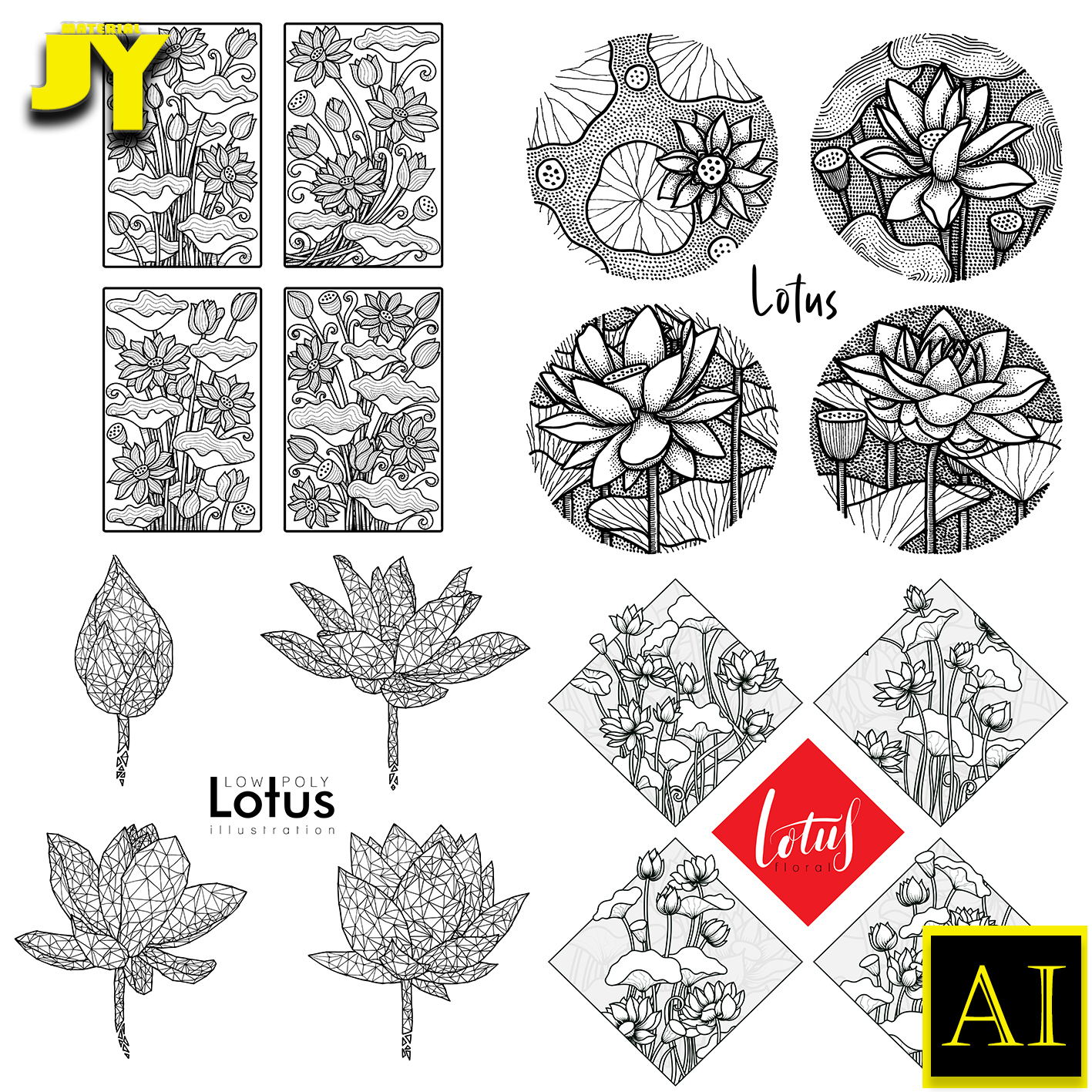 手绘线描素描白描荷花莲花植物花卉几何线条荷花插画设计矢量素材
