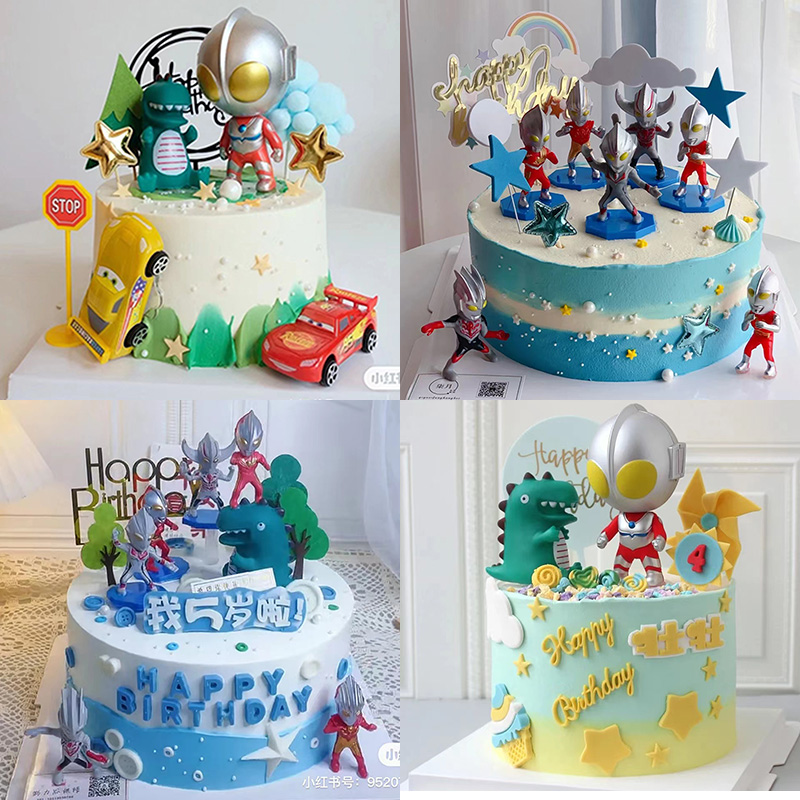 儿童情景蛋糕装饰卡通英雄打小怪兽恐龙宝宝周岁生日蛋糕插件