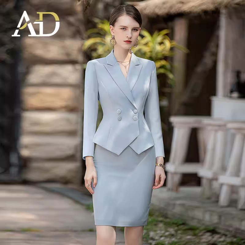 AD女生正装套装面试服装2023年长袖西装套裙蓝色职业装经理工作服