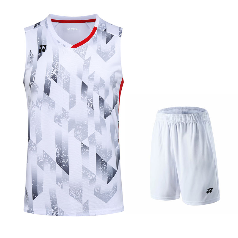 新款羽毛球服男无袖背心男女短袖套装比赛迷彩训练服白色深灰色