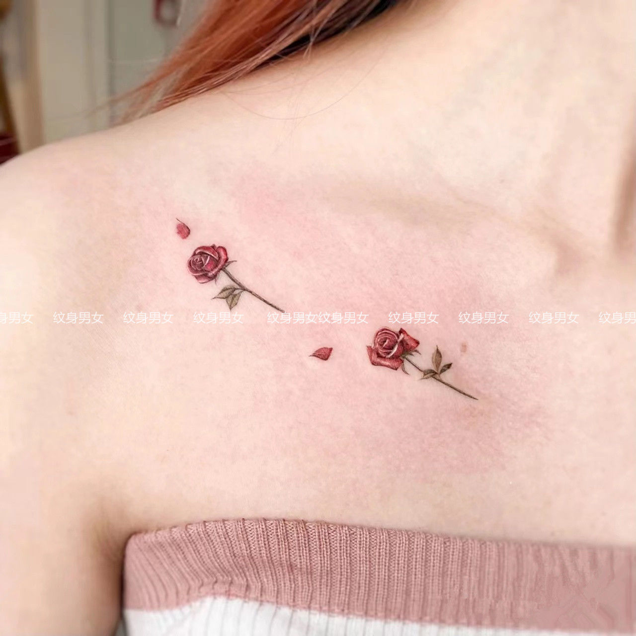 粉色玫瑰纹身贴防水男女持久清新手臂花朵锁骨遮疤痕贴纸小图案