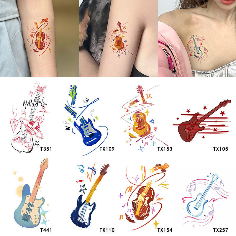 彩色手绘音乐节吉他纹身贴 个性潮酷手臂高颜值甜酷辣妹音乐彩绘