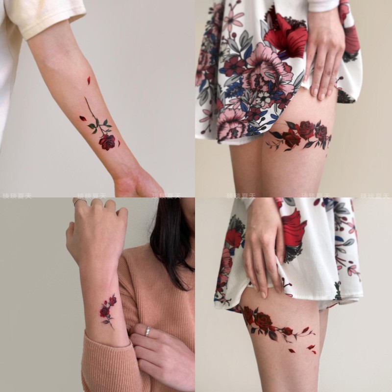 纹身贴纸红玫瑰花卉手臂小清新图案防水持久女仿真刺青新款锁骨