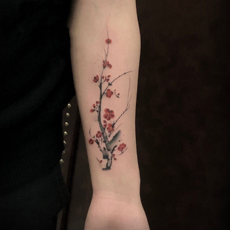 纹身贴手臂梅花卉植物中国水墨风防水持久女男潮仿真刺青