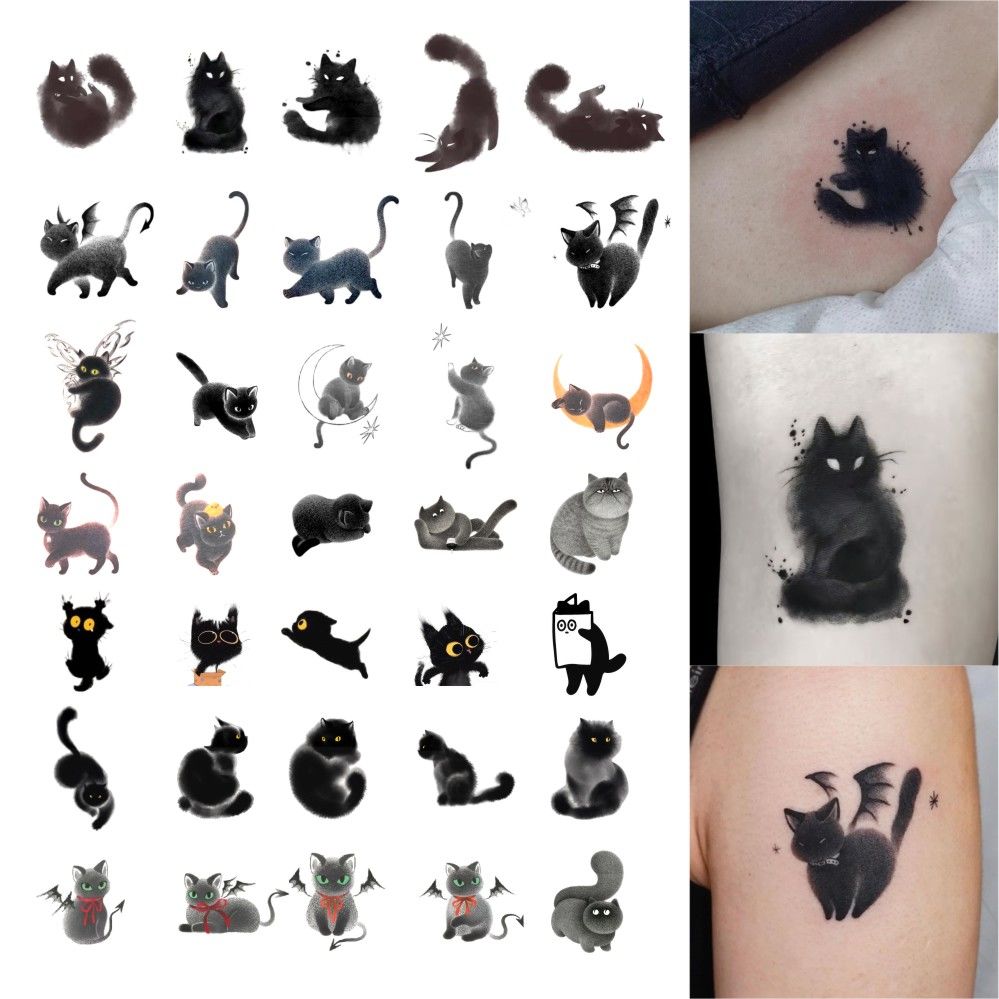 暗黑水墨猫动物可爱纹身贴防水女持久防真手绘中国风霸气ins风