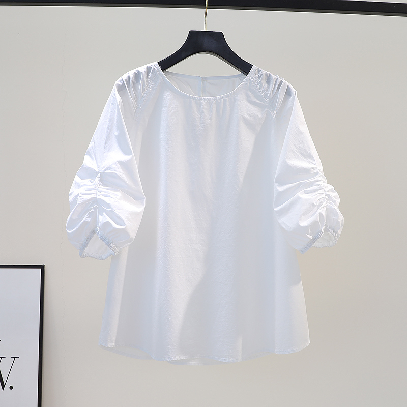 褶皱泡泡袖白色棉衬衫女圆领套头宽松衬衣2022夏季洋气百搭小衫潮