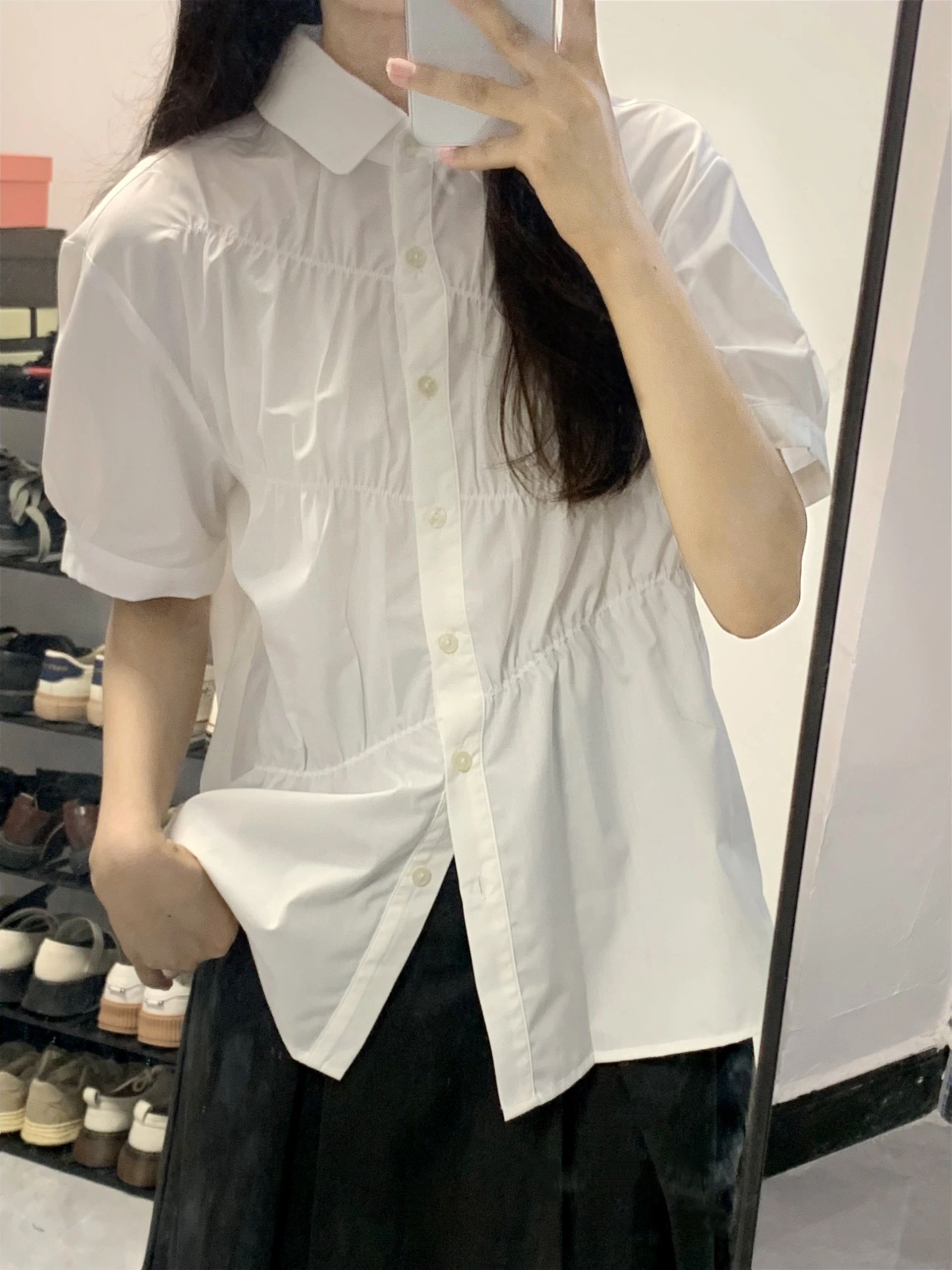 白色短袖衬衫女韩版高级感褶皱衬衣学院风甜美宽松百搭纯色上衣夏