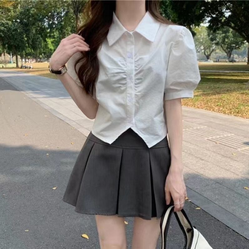 白色衬衫女夏季新品学院风泡泡短袖衬衣褶皱不规则短款上衣女