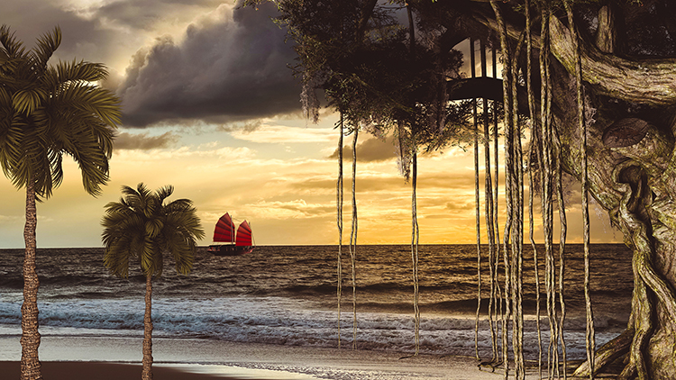 海边浪花大树沙滩晚霞大海椰子树高清LED大屏幕舞台背景静态图片