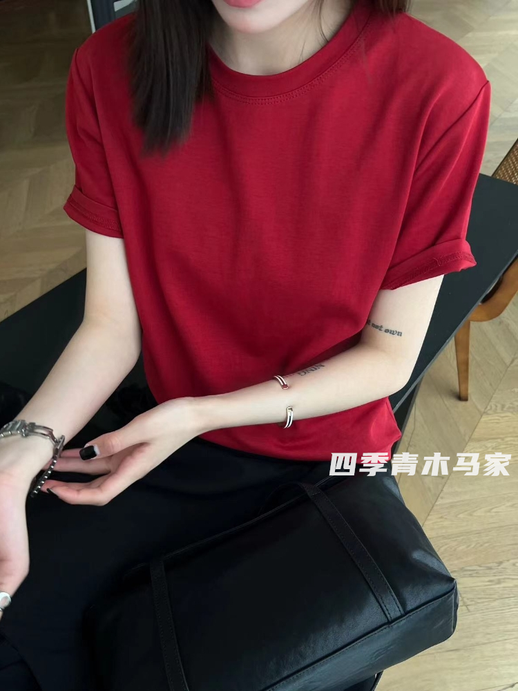 木马家 春夏新款显白红色短袖T恤 休闲淘宝纯色半袖打底tee女上衣