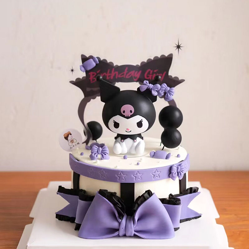 小恶魔库洛米卡通复古蛋糕装饰摆件黑粉系带灯光生日蛋糕摆件