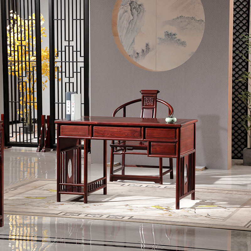 老挝红酸枝原木榫卯实木中式古典雕花办公桌高端室内储物书桌组合