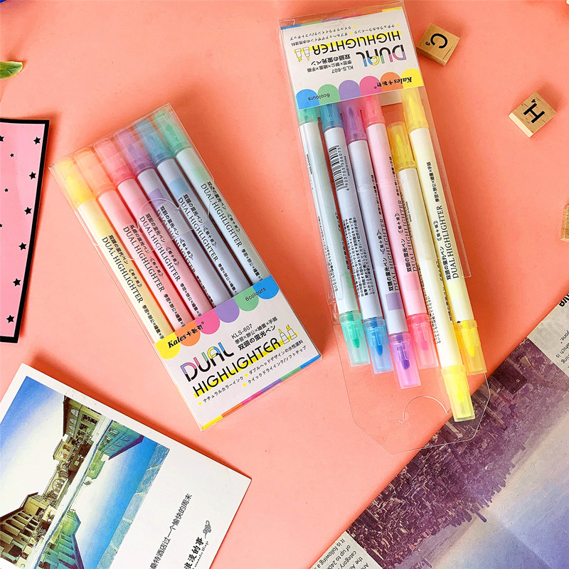 彩色双头荧光笔套装学生用 淡色系重点标记笔6支装糖果色绘画彩笔